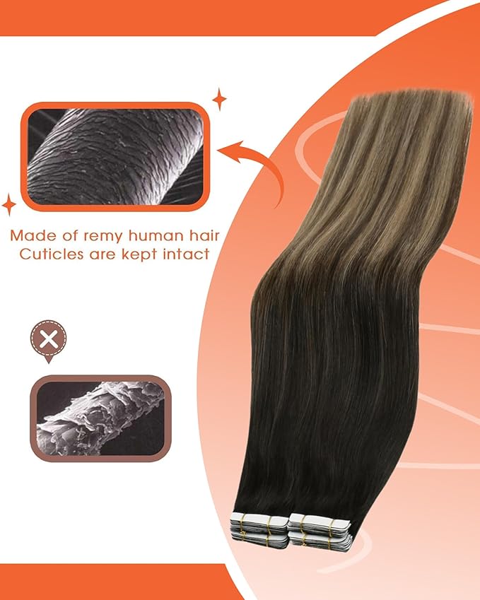 Sunny Hair Tape in Hair Extensions Real Human Hair Invisible Remy Hair Extensions Tape ins for Women Natural Black Ombre Dark Brown Balayage Ash Blonde 18 inch 25G