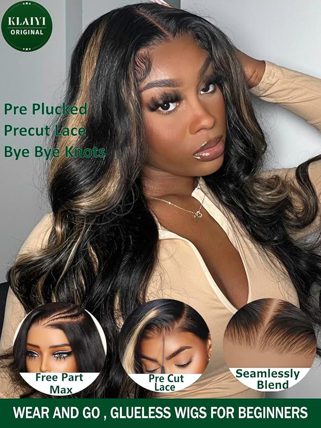 KLAIYI Bye Bye Knots Glueless Wig Human Hair 13x4 Balayage Highlight 3D Body Wave Precut Lace Front Wig with Baby Hair Black Mix Blonde Brown Pre Plucked Pre Bleached Knots Wig 30S Easy to Wear 24Inch