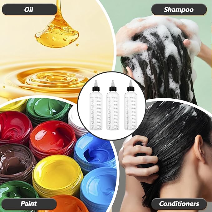 3 Pcs Applicator Bottle for Hair Dye 8.5 Ounce Hair Oil Applicator Plastic Squeeze Bottle Root Transparent Hairs Dye Bottles Twist-On Top Tip Cap with Graduated Scale for Home Salon Stylist Beauty