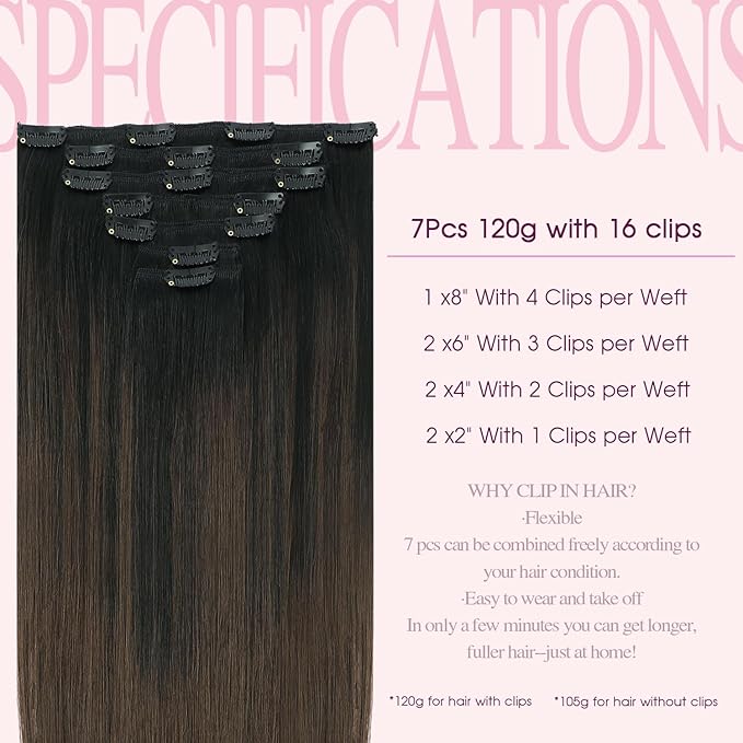 PINKPEARL Clip in Hair Extensions, 14 Inch 7pcs 120g #1BT4 Balayage Natural Black to Chocolate Brown, Hair Extensions Real Human Hair Clip Ins Natural Straight Hair for Women(#1BT4-14)