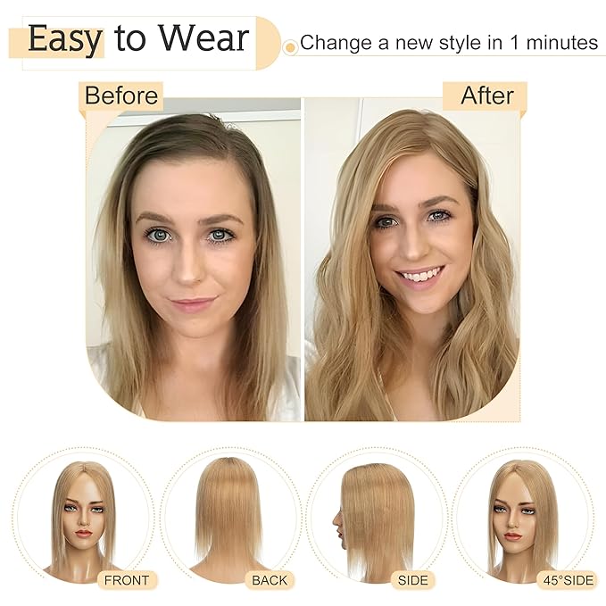 SEGO Human Hair Toppers for Women With Thinning Hair, 7 * 13CM Silk Base 100% Real Human Hair Clip in Top Wiglet Hairpieces //6 Inch No Bangs Dark Blonde