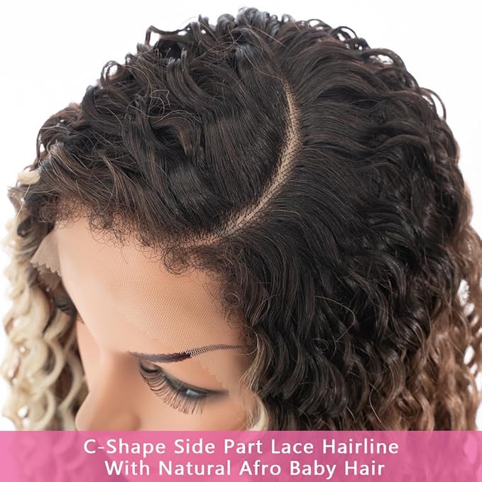 Style Icon 36”Super Long Curly Wig C-Shaped Side Part Lace Wig Afro Baby Hair Synthetic Highlight Blonde Wigs