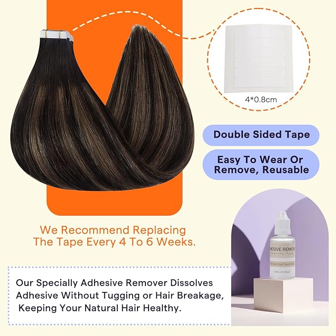 Full Shine Tape in Hair Extensions Ombre Color 2/8/2 Dark Brown Highlight Ash Brown with Shadow Roots 22 Inch Human Hair Extensions Tape Ins 20PCS 50g Natural Straight Extensions for Women Real Hair