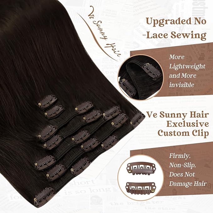 Ve Sunny Human Hair Clip in Extensions Dark Brown Real Hair Extensions Clip in Human Hair Straight Remy Hair Extensions Clip ins Daily Use 16Inch 120g