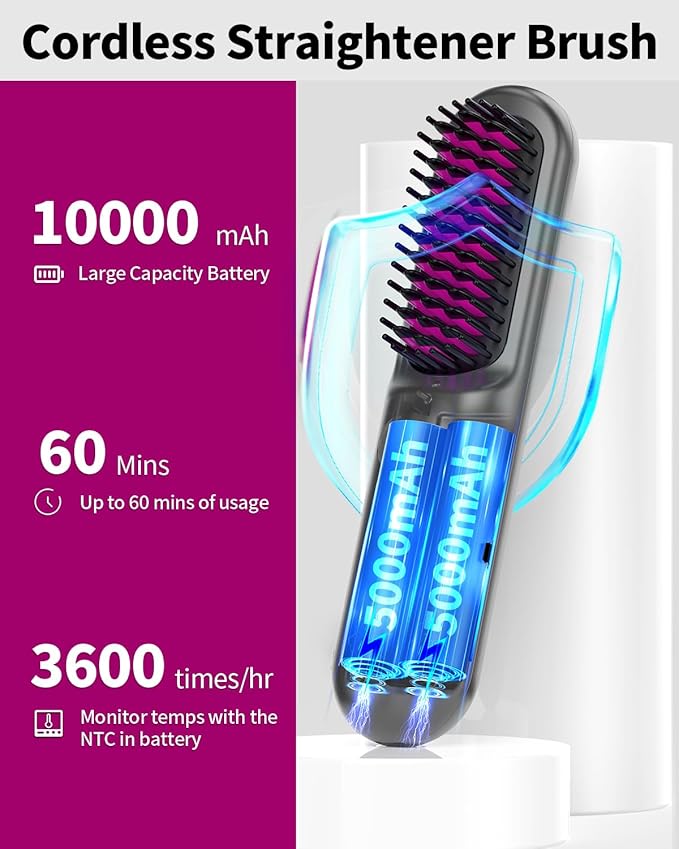 YFG Cordless Hair Straightener Brush, 10000mAh Rechargeable Battery, Ionic Thermal Wireless Hair Straightening Comb (Grey)