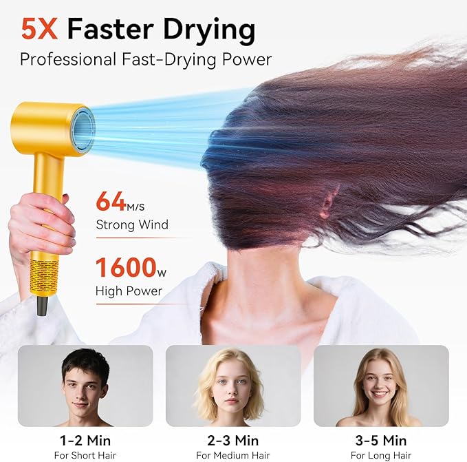 High Speed Hair Dryer - Ionic Hair Dryer for Women with brushless Motor, Fast Drying, Low Noise, Blow Dryer, with Magnetic Nozzle, Suitable for Home, Travel and Salon use (Yellow)