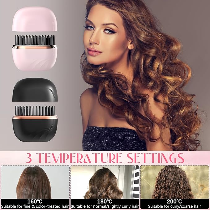 Mini Hair Straightener, Rechargeable Wireless Portable Hair Straightener Brush, 3-Speed Temperature Control, Anti Scald Shell, Lightweight & Portable for Travel (Black)
