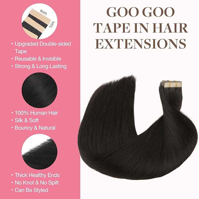 GOO GOO Tape in Hair Extensions Human Hair, 1B Natural black, 16inch 25g 10pcs, Skin Weft Seamless Invisible, Silky Straight with Thick Ends, Remy Human Hair