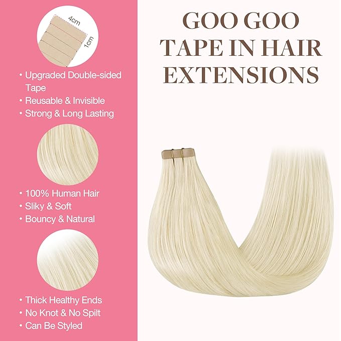 GOO GOO Tape in Hair Extensions Human Hair, 1000 Pure Platinum Blonde, 12inch 40g 20pcs, Skin Weft Seamless Invisible, Silky Straight with Thick Ends, Remy Human Hair