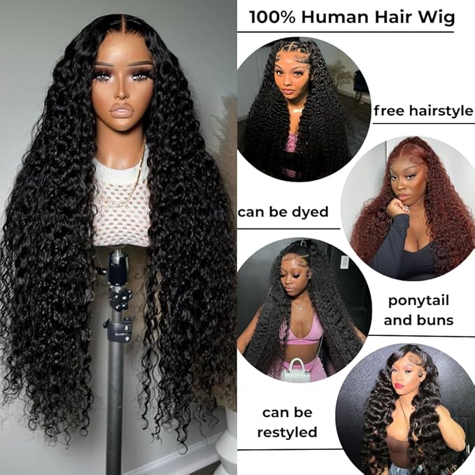 36 Inch Water Wave 13x6 HD Lace Front Wigs Human Hair Pre Plucked 200 Density Deep Part Curly Wig for Women Water Wave Frontal Wigs Human Hair