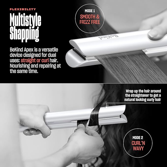 Bekind Apex 2-in-1 Hair Straightener Flat Iron | 1“ 460°F Straightener & Curler for All Hairstyles | UltraSmooth Tech | 15s Fast Heating & Temp Memory | Gift Set for Girls Women (Arctic White)