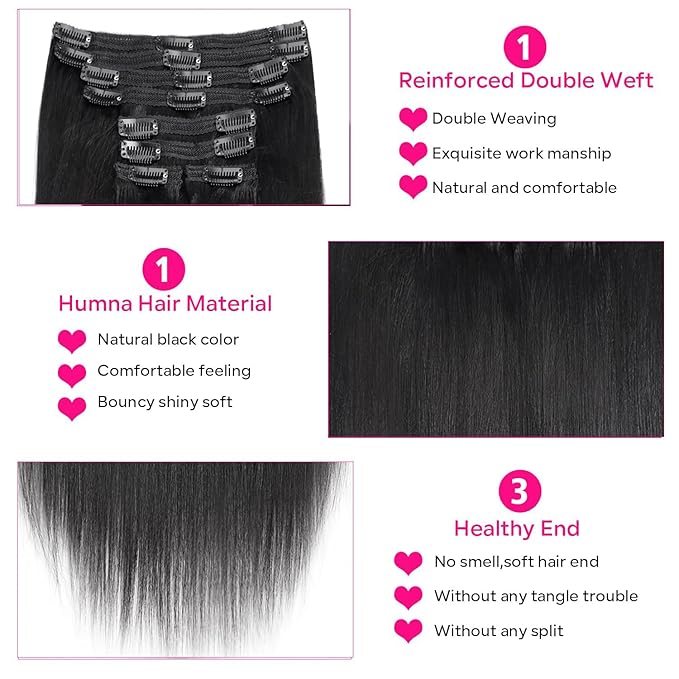 Yaki Straight Clip in Hair Extensions Real Human Hair 8Pcs Remy Human hair Clip ins for Women, Natural Soft Human Hair 120g 22inch #1B Natural Black