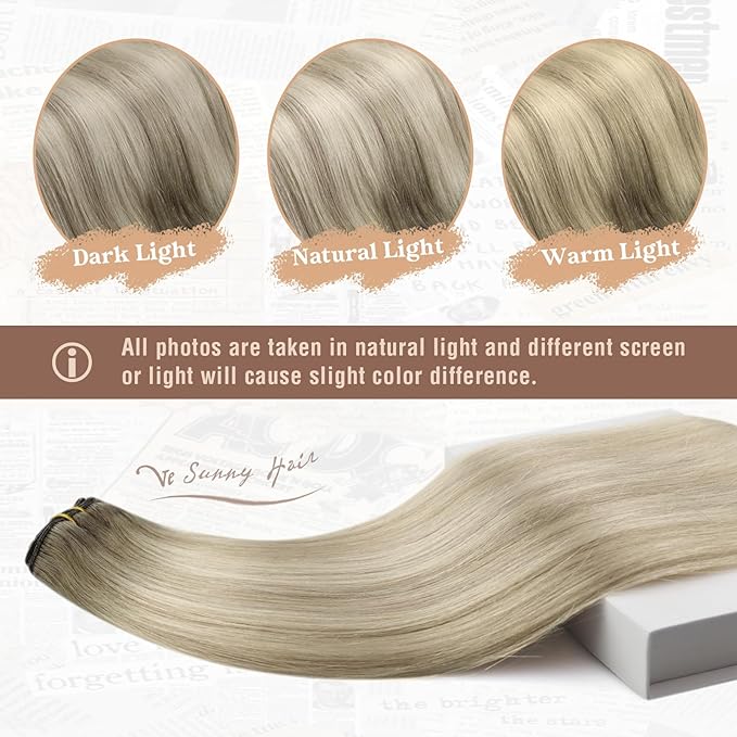 Ve Sunny 24 inch Clip in Hair Extensions Ash Grey Balayage Platinum Blonde Human Hair Clip in Extensions Straight Ombre Full Head Hair Remy Human Hair 7pcs 120g