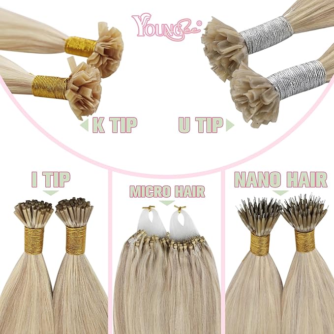 YoungSee Highlight K Tip Hair Extensions Human Hair Highlight Ash Blonde with Blonde K Tips Hair Extensions Highlight 20In 1G/S 50G