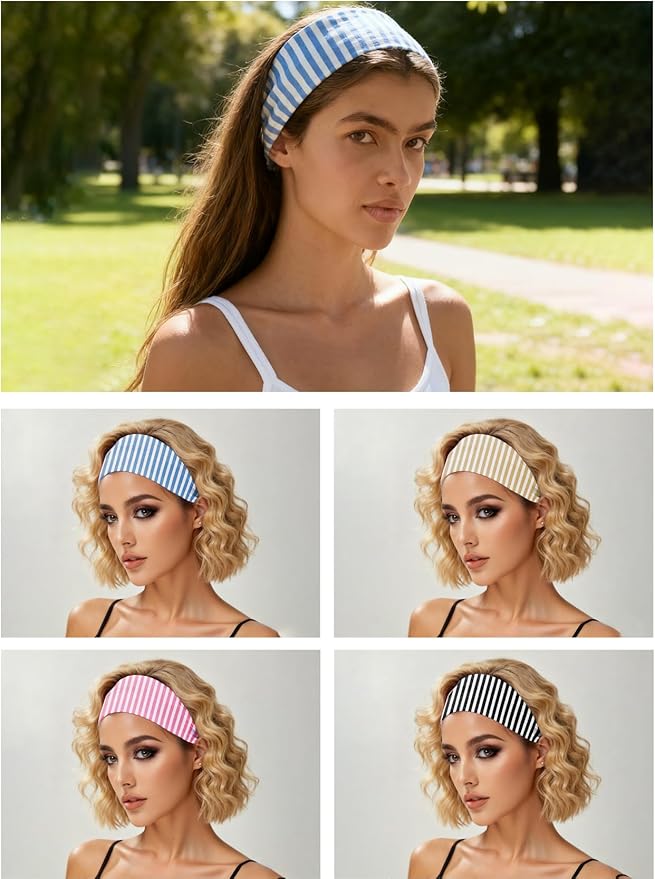 4 Pack Wide Striped Headbands for Women Non Slip Soft Cloth Fabric Headbands Hair Accessory Wear for Yoga Fashion Running Sports