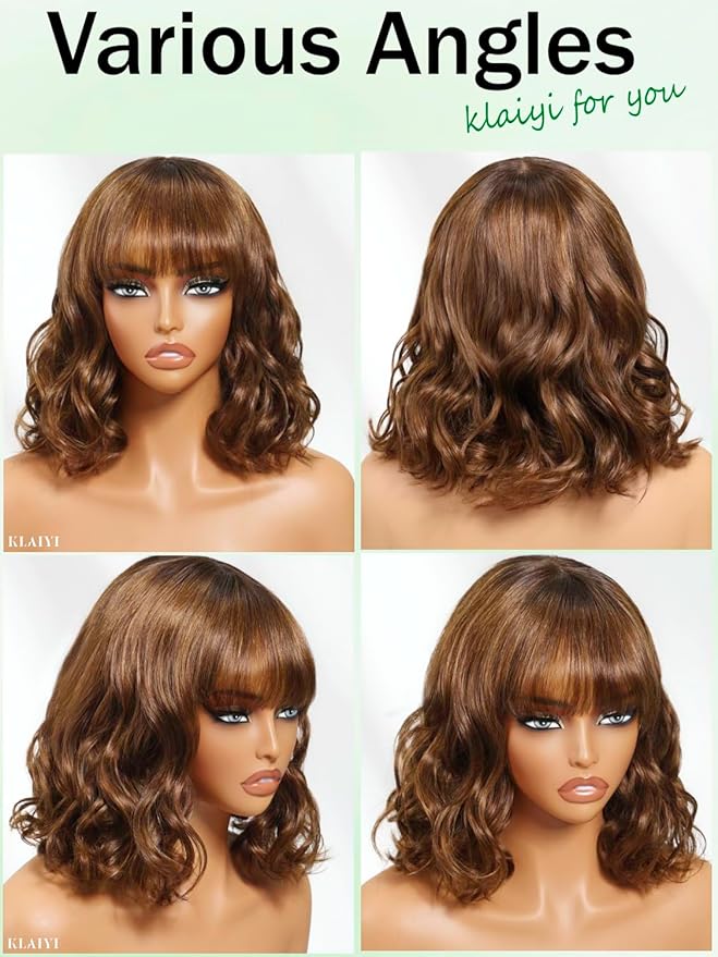 KLAIYI Brown Bob Wig Human Hair with Bangs Loose Body Wave Glueless 4x2 HD Transparent Lace Closure Chestnut Chocolate Brown with Highlight Blonde Ready to Wear and Go Beginner Wigs Pre Plucked 14Inch