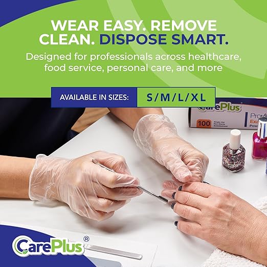 CARE PLUS Vinyl Gloves Clear Medium Size 200 Count | Heavy Duty, Non-Sterile, Powder-Free, Latex-Free Rubber | Food Prep, Kitchen & Cleaning Gloves, Ideal for Professional Use