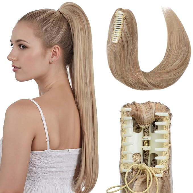 Hairro Claw Clip Ponytail Human Hair Extensions Jaw On Ponytails Remy Long Straight Jaw/Claw Clips Pony Tail Hairpieces For Women 20 Inch 120g #18P613 Ash Blonde Mix Bleach Blonde