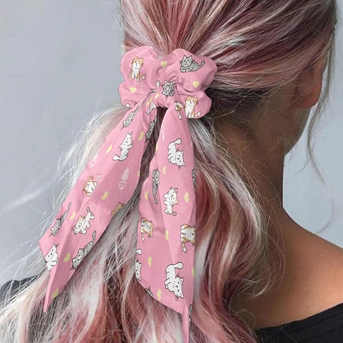 Dachshund Cat Elastic Hair Ties No Damage Ribbon 2 Piece Stylish Satin Hair Scrunchies for Women Travel Soft Ponytail Holder Knotted Bow