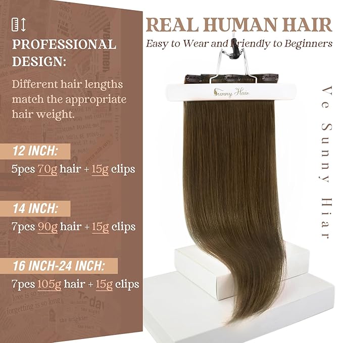 Ve Sunny Clip in Hair Extensions Real Human Hair Cool Ash Brown Rmy Thick Hair Clip in Extensions Real Human Hair Full Head Set 7pcs 120g 16 inch