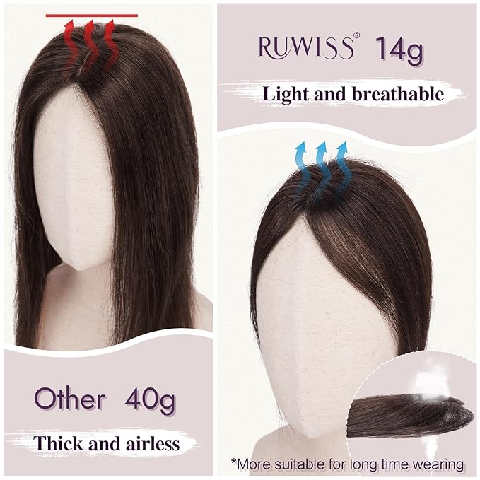 RUWISS Hair Toppers for Women Real Human Hair Lightweight Brown Clip in Hair Piece for Thinning Hair Fluffy Straight Hair Topper without Bangs