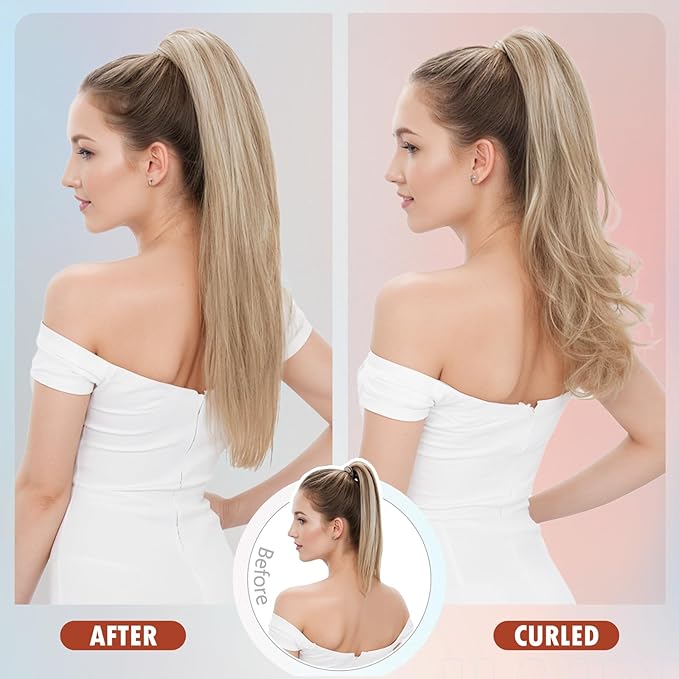 Hairro Claw Clip Ponytail Human Hair Extensions Jaw On Ponytails Remy Long Straight Jaw/Claw Clips Pony Tail Hairpieces For Women 18 Inch 115g #12P613 Golden Brown Mix Bleach Blonde