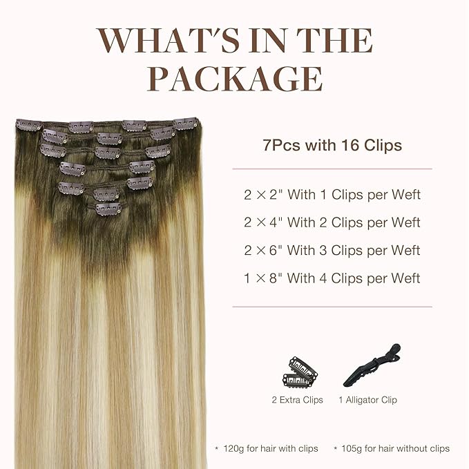 GOO GOO Clip in Hair Extensions Real Human Hair, Remy Human Hair Extensions Clip ins for Women, Natural Human Hair, 16inch 120g 7Pcs, 5A/90/16F Bahamian Balayage
