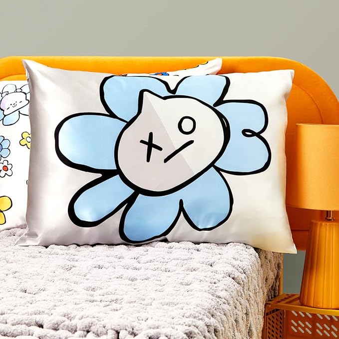 Kitsch x BT21 Satin Pillowcase with Zipper – Better Than Silk Pillowcase, Van Character & Funky Floral Print – Soft Cooling Toddler Bed Time Pillow Case for Hair & Skin – Queen/Standard 19x26