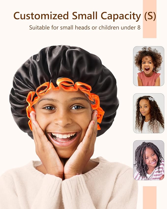 mikimini Small Black Shower Caps for Kids, Double Layers Waterproof Bathing Hair Cap with Reusable Soft Comfortable PEVA Lining, Cute, Non-fading & Stretchy Shower Hat Small Pack of 1, Black + Orange