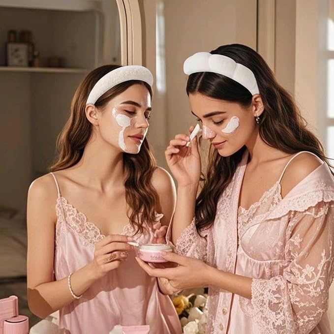 2Pcs Spa Headband for Washing Face & 1 Pairs Wristband Set Sponge Makeup Skincare Headband &Terry Cloth Bubble Soft Hairband for Women Girl Puffy Padded Headwear Non Slip Thick Hair Accessory (Beige)