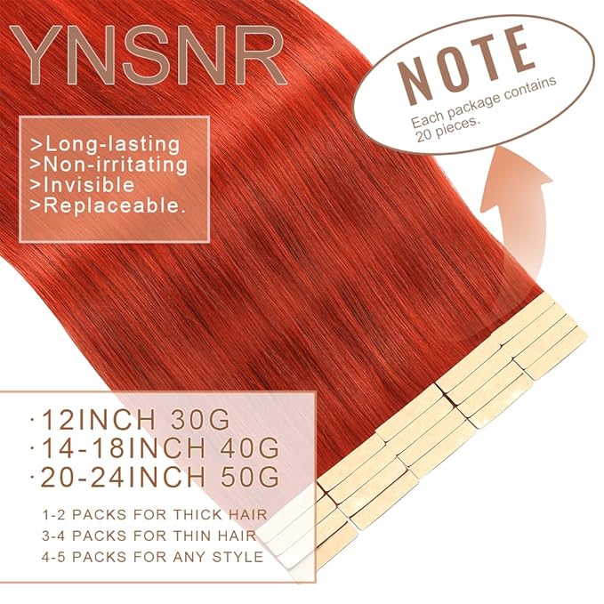 Tape in Hair Extensions Real Human Hair 24 Inch Copper Red Tape for Skin Weft Hair Extension Invisible Tape in Hair Extensions Straight Remy Human Hair for Women 20pcs