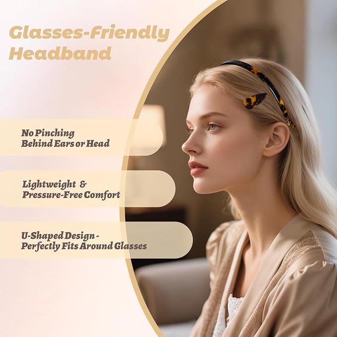 Hair Bands Eyewear-Friendly Design, Hairbands for Women - Non-Slip Thin Headbands with Teeth, No Pressure & No Headache Sunglasses Headband (Tortoiseshell)