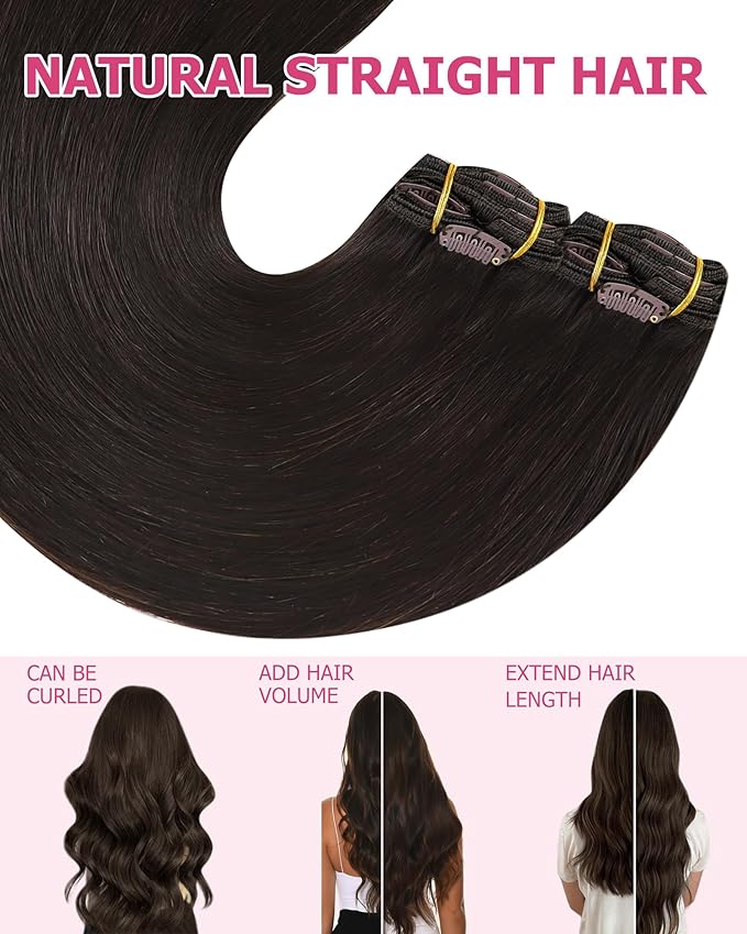 YoungSee Dark Brown Hair Extensions Clip ins 24 Inch Clip in Hair Extensions Human Hair Brown Clip in Hair Extensions Real Human Hair Long Straight Hair 120G 7Pcs