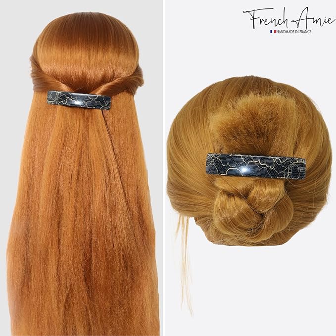 French Amie Oblong Black Net Large 3 1/2" Handmade Celluloid Made in France Automatic Strong Grip Hair Barrette for Women and Girls (Black Net)