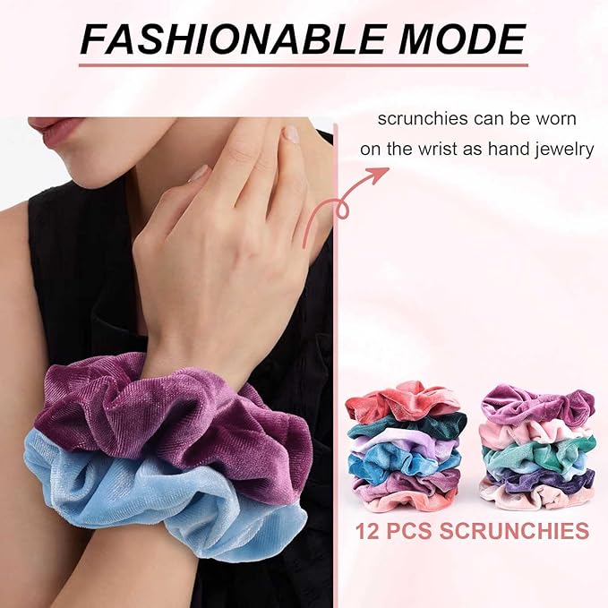 Velvet Scrunchies for Girls Women, 12 Pcs Rainbow Hair Scrunchie Elastic Thick Scrunchy Hair Ties, Cute Soft Ponytail Hair Accessories