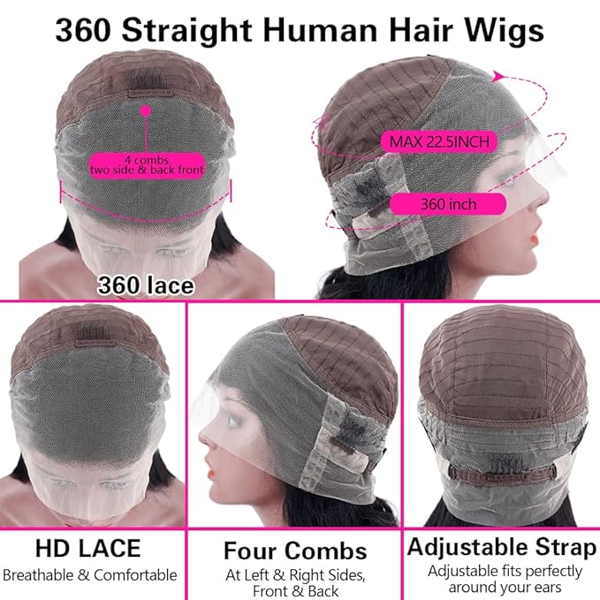 sdamey 360 Straight Lace Front Wigs Human Hair HD Transparant Full Lace Wigs For Women 200 Density Wigs Human Hair Pre Plucked With Baby Hair 12A Brazilian Virgin Hair Natural Color 22inch