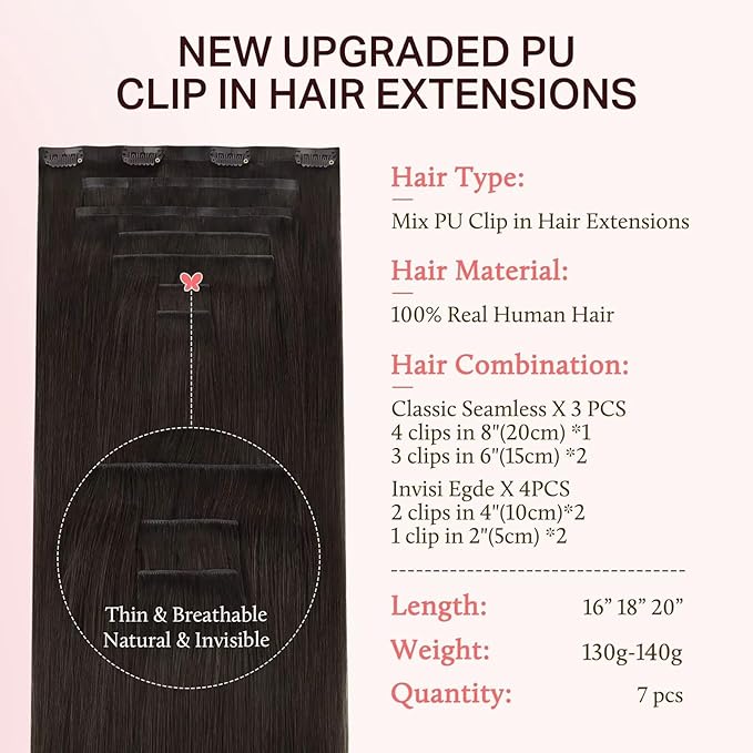 DOORES Clip in Hair Extensions Set 16 Inch 130g, 4pcs Invisi Edge Clip ins and 3pcs Classic Seamless Clip ins, Injected Virgin Real Human Hair Extensions Natural Invisible Straight, #2