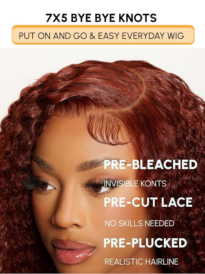 Julia Hair Reddish Brown Glueless Jerry Curly Human Hair Invisi-Drawstring Wig Auburn Pre Cut 7x5 Lace Front Wigs Pre Plucked Bleached Pre Cut Lace Closure Natural Hairline Put On and Go 22 Inch