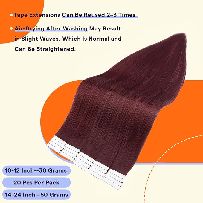 Full Shine Tape in Hair Extensions Human Hair 10 Inch Color 99J Red Wine Straight Invisible Double Sided Tape Ins Human Hair Extensions 20PCS Burgundy Natural Seamless Skin Weft for Wedding 30 Grams