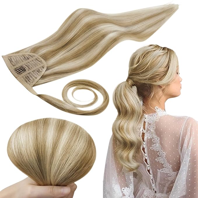 RUNATURE Human Hair Ponytail Extension Golden Blonde 14 Inch Ponytail Extensions Human Hair Light Blonde Highlighted Wrap Around Ponytail Human Hair Extensions Short Pony Tails Hair Extensions 70g