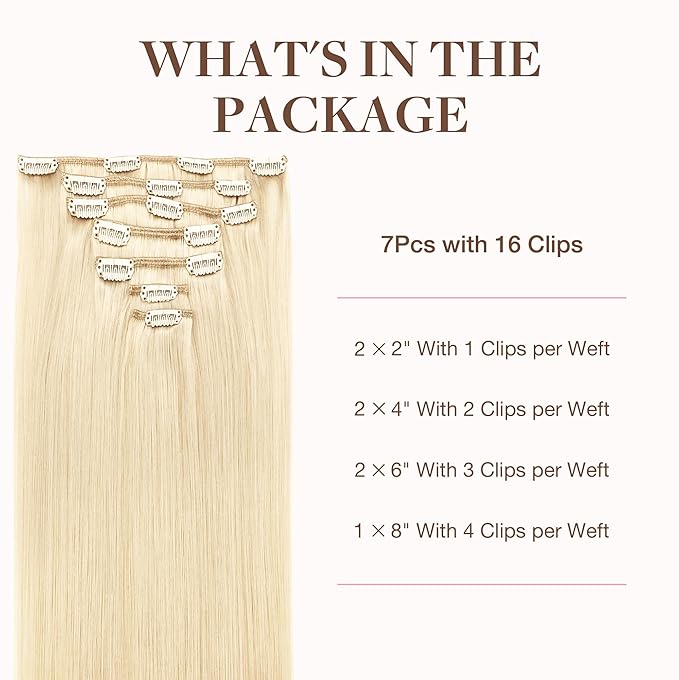 GOO GOO Clip in Hair Extensions Real Human Hair, Remy Human Hair Extensions Clip ins for Women, Natural Human Hair, 16inch 120g 7Pcs, 613R Bleach Blonde