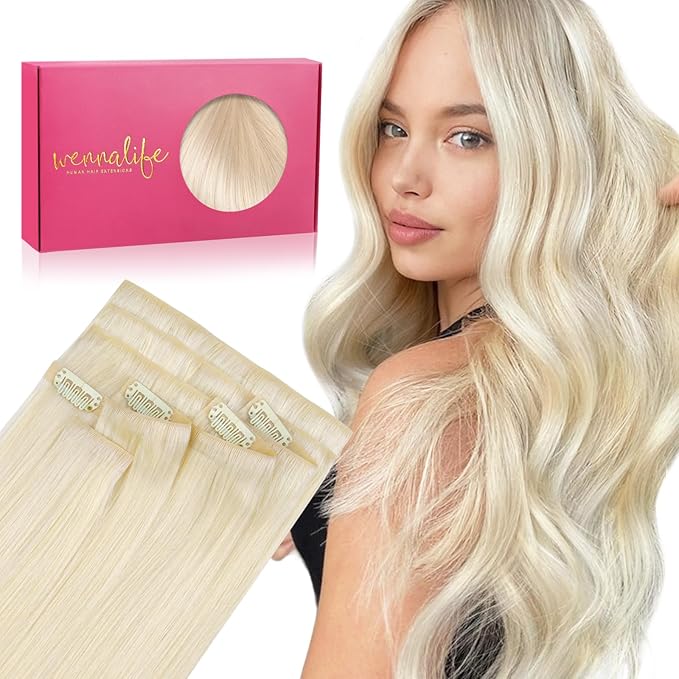 WENNALIFE Invisi Edge Clip in Hair Extensions Real Human Hair, 22 Inch 150g 7pcs Platinum Blonde Seamless Clip in Extensions Remy Hair Clip Ins Invisible PU Skin Weft Extensiones De Cabello Hmano