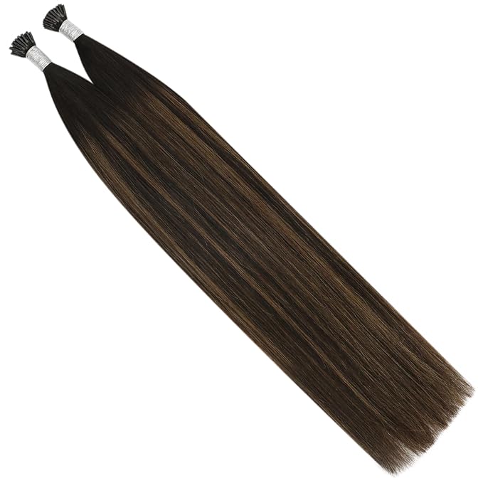 YoungSee I Tip Hair Extensions Brown 24 Inch Itip Hair Extensions Real Human Hair Dark Brown Balayage with Brown Itips Hair Extension Human Hair Ombre I-Tip Extension Long Hair 50g 50s
