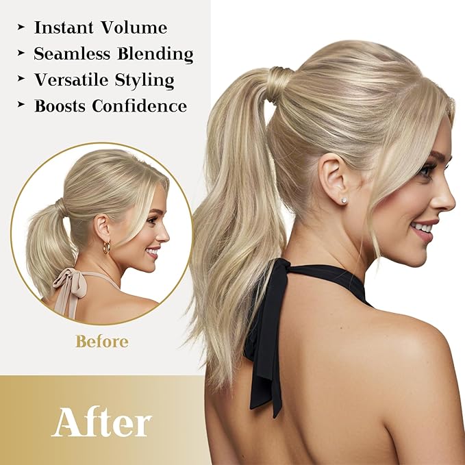 Ve Sunny Hair Extensions Ponytail Real Human Hair Wrap Around Clip in Ponytail Hair Extensions Straight Extensions Human Hair for Women Blonde Highlights for Women Warm Color 20inch 80G