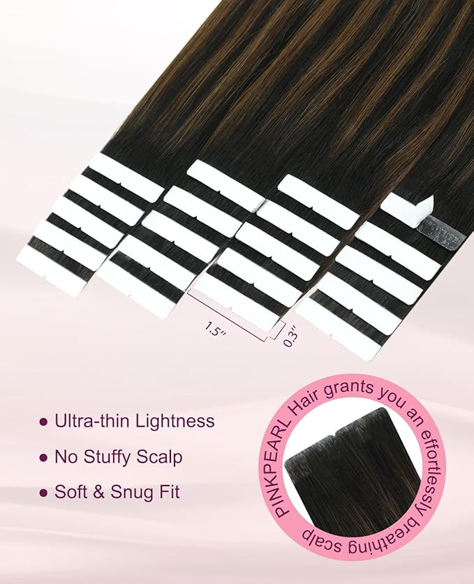 Pinkpearl Invisible Tape in Hair Extensions Human Hair, 20pcs 20inch 55g #1B/4/27 Balayage Natural Black to Chocolate Brown and Caramel Blonde Injection Tape in Extensions Remy Human Hair Injected