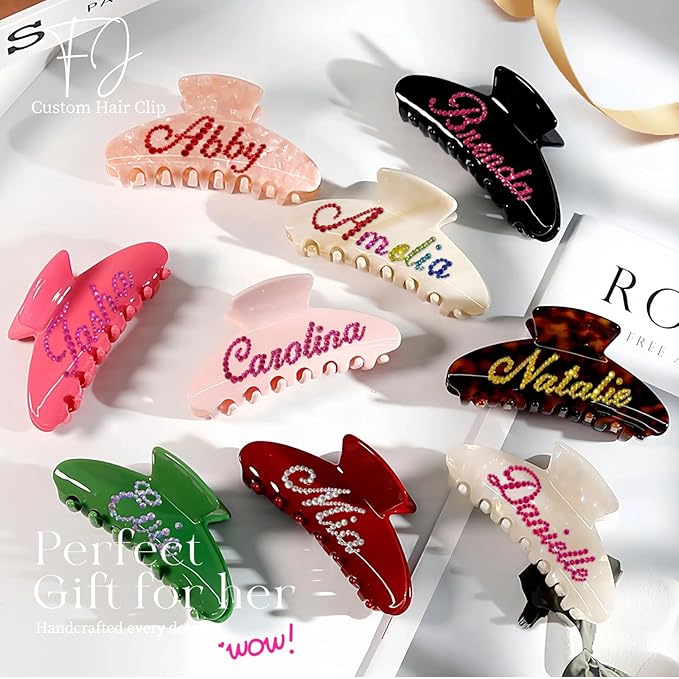 Personalized Colorful Name Hair Claw Clips for Women,Custom Hair Clips with Diamond,Cute Hair Accessories 4",Handmade Rhinestones Hair Clamp Gifts for Mom,Bride,Wife,Bridesmaid,Couples(Shell White)