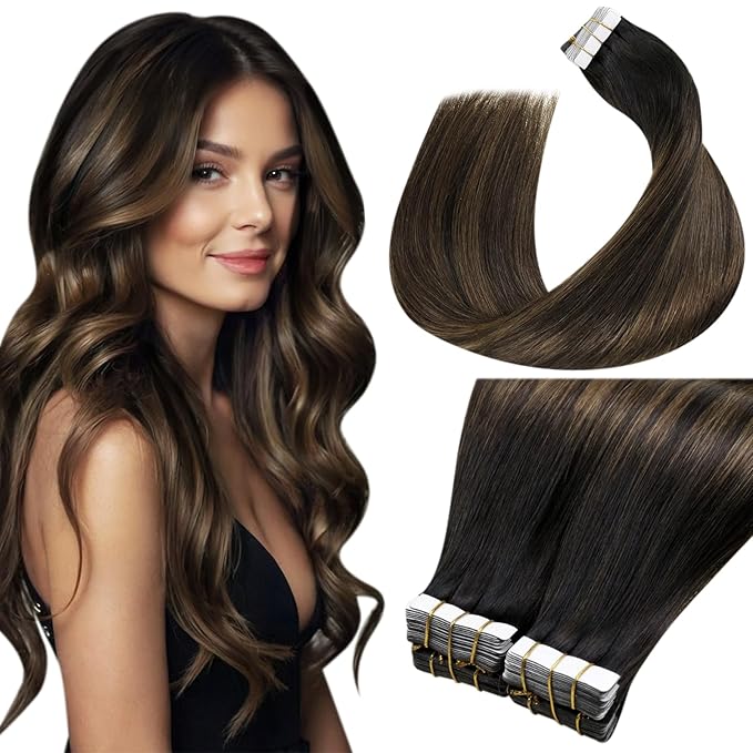 LaaVoo Tape in Hair Extensions Human Hair Balayage Hair Extensions Real Human Hair Tape in Ombre Brown to Light Brown Seamless Skin Weft 14 Inch 40pcs 100g