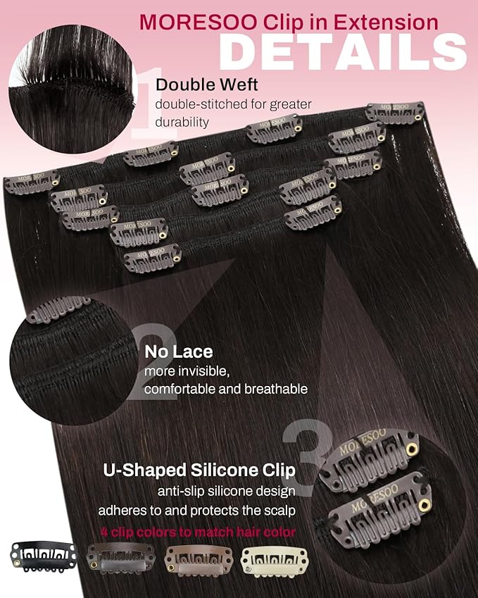Moresoo Clip in Hair Extensions Real Human Hair Dark Brown Hair Extensions Clip in Short for Women Double Weft Remy Human Hair Straight 80g/5pcs 14 inch