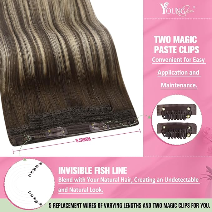 YoungSee Wire Hair Extensions Real Human Hair Balayage Brown Wire Extensions with Adjustable Clips Ombre Dark Brown with Ash Blonde Straight Human Hair Fish Line Extensions 16Inch 80G