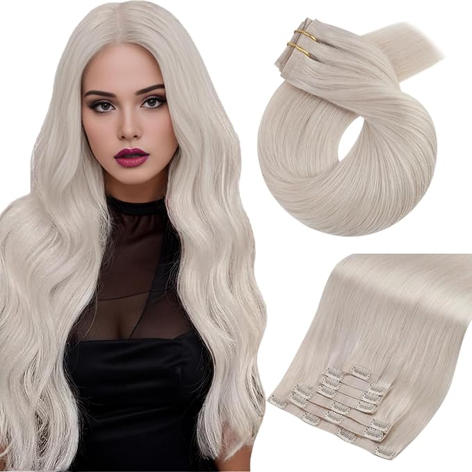 Moresoo Seamless Clip on Hair Extensions Lightest Blonde Straight Human Hair Clip in Full Head Extensions #60A 7Pcs 120G 16inch